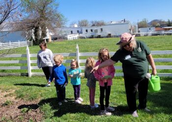 Christine Jergeson points out something in the rain gardens to children.