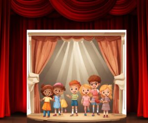 Cartoon of children on a theatre stage.