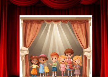 Cartoon of children on a theatre stage.