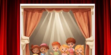 Cartoon of children on a theatre stage.
