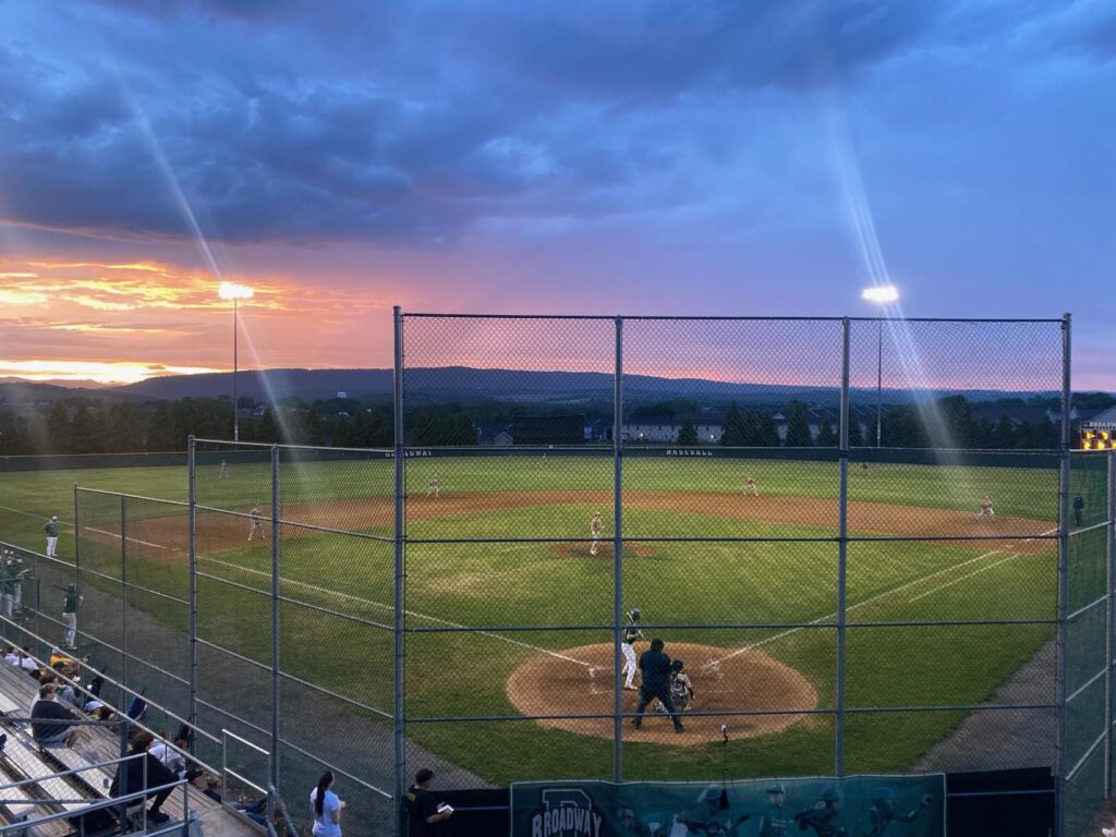 Baseball field at sunset.