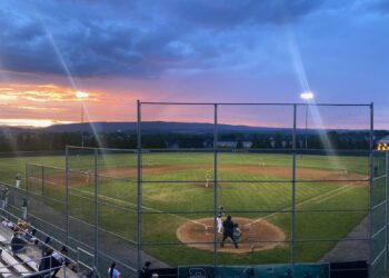 Baseball field at sunset.