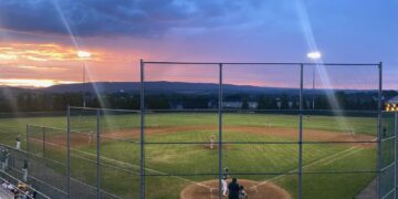Baseball field at sunset.